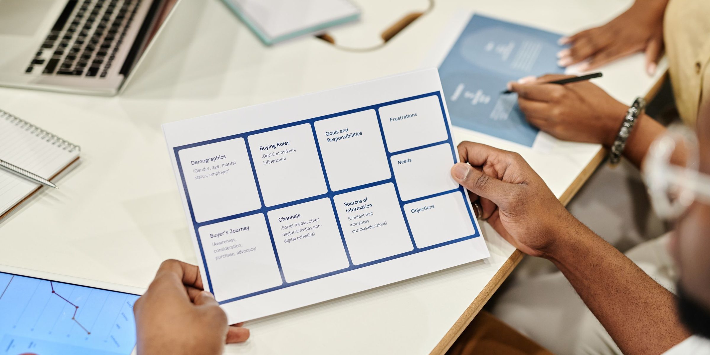 Hands working through a business plan on a table with a laptop