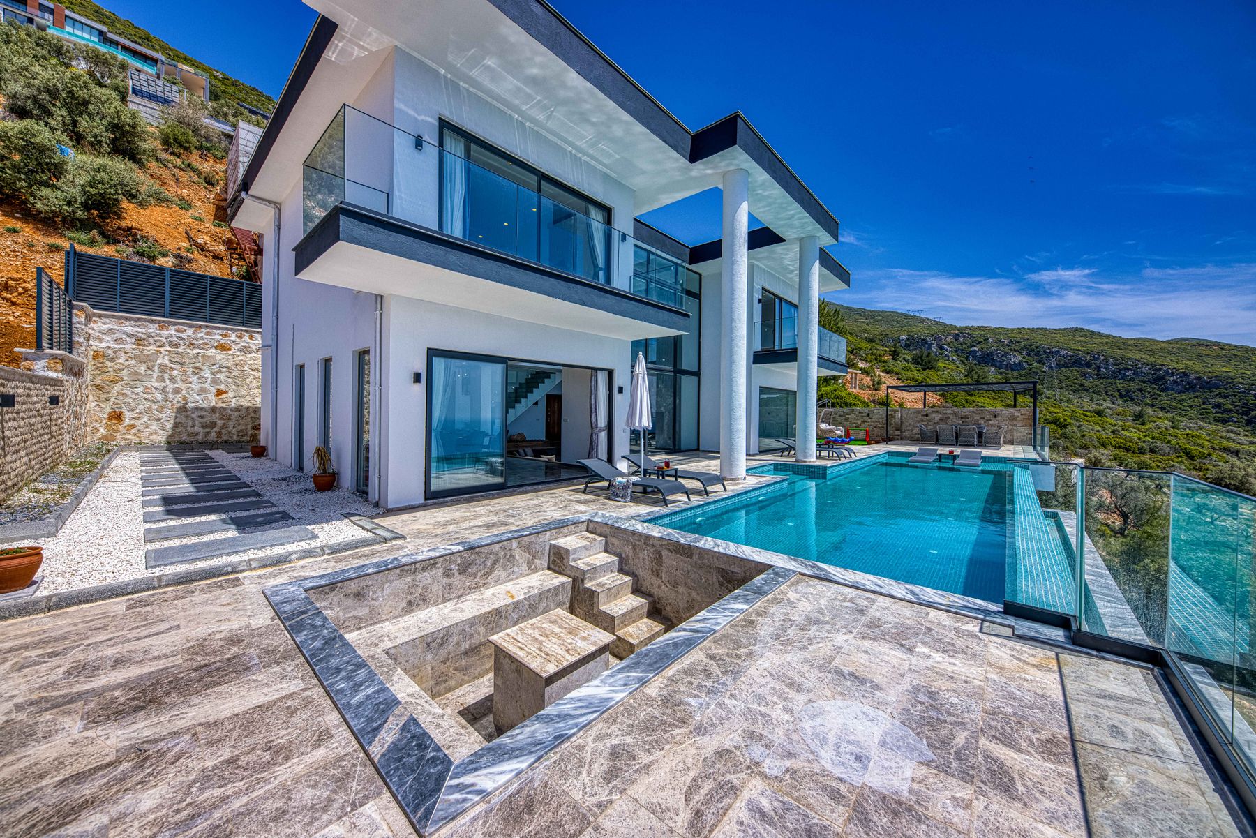 Modern luxury villa with an infinity pool overlooking the coast